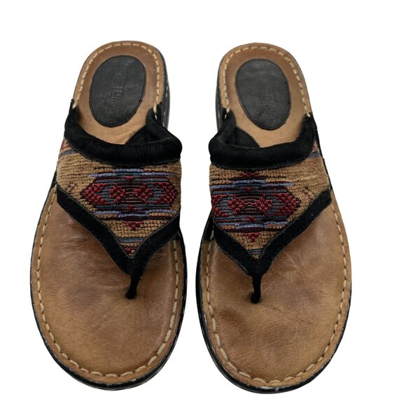 Minnetonka Womens 11 Aztec Leather Woven Thong Sandals Red Blue Boho Tribal - Picture 3 of 10